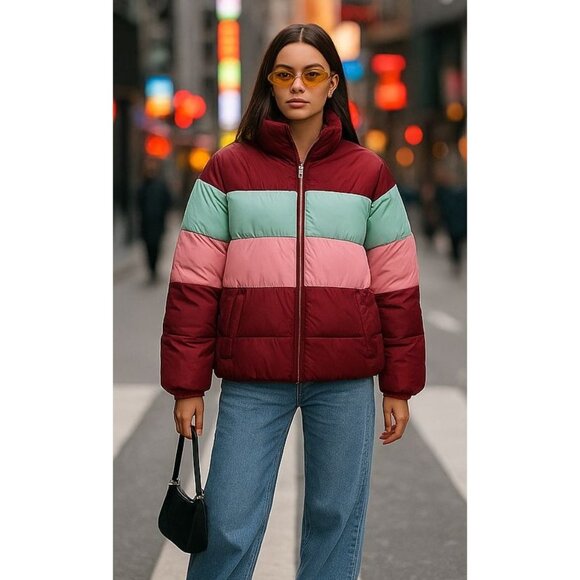 Gianni Bini Colorblock Puffer Coat L Burgundy Pink Mint Y2K Après-Ski Streetwear - Picture 2 of 10